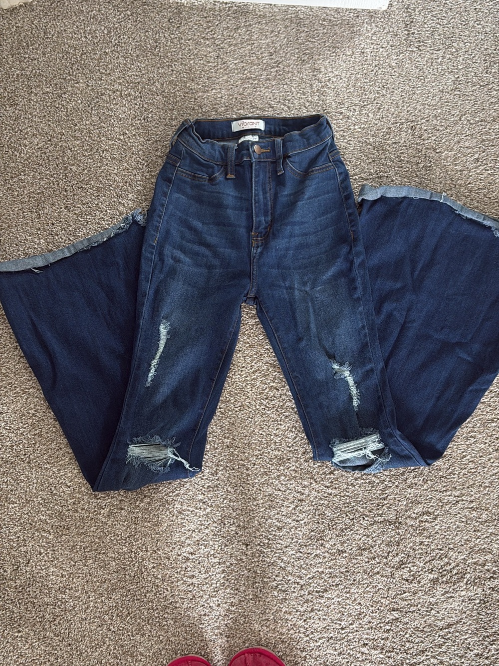 Vibrant Dark Blue Distressed High-Rise Flare Jeans - Women